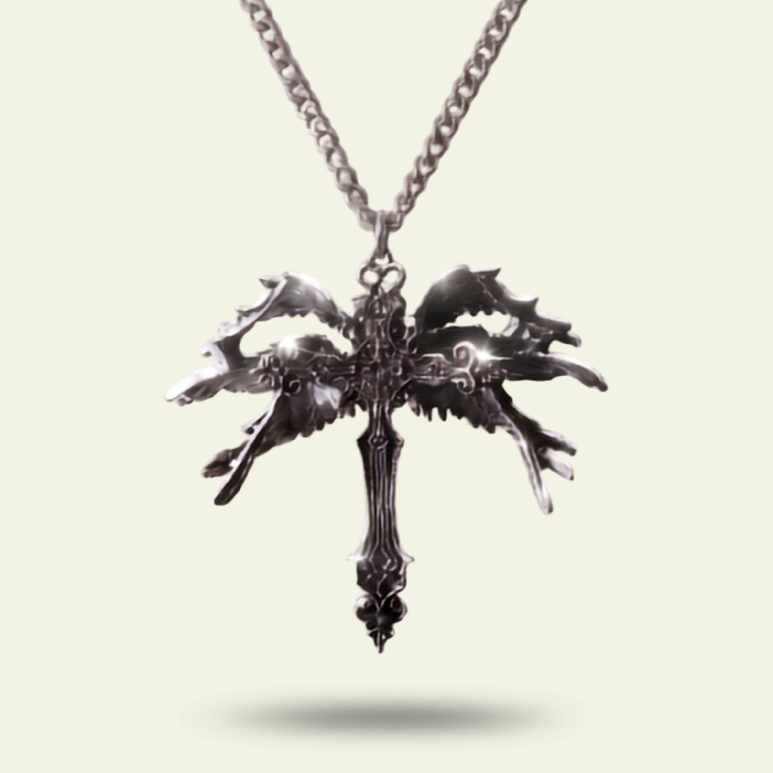 Silver necklace with a detailed pendant on a light beige background