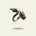 Silver dragon-shaped ring on a beige background